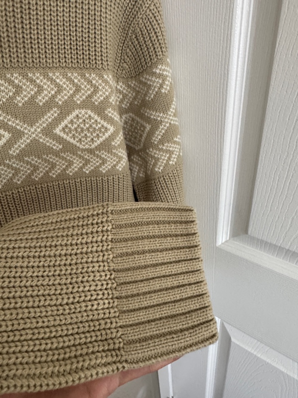 Men’s Half-Zip Knit Sweater in Tan with Cream Pattern - Picture 6 of 9